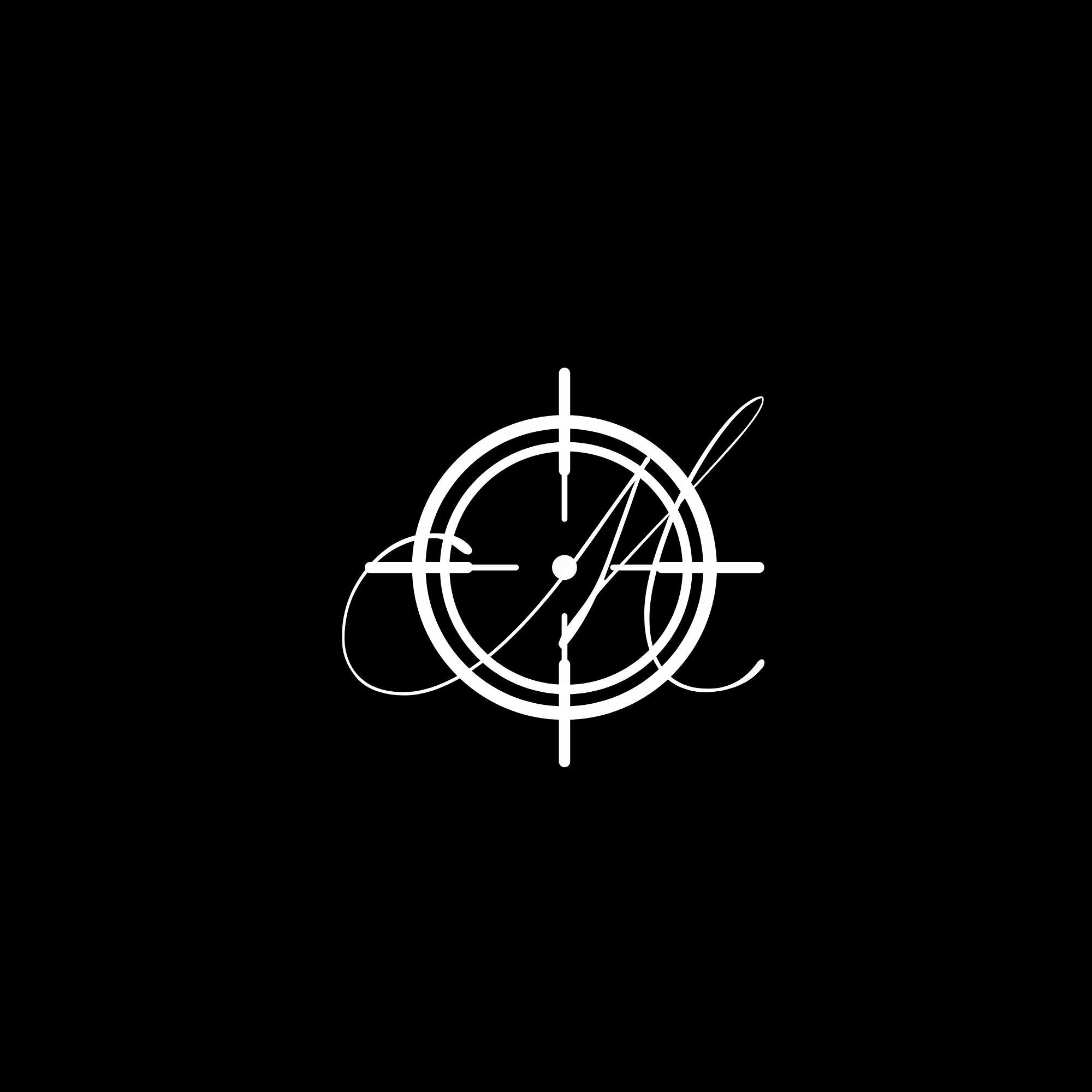 Black background with white target crosshairs pattern, circular bullseye, and diagonal lines crossing the circle.