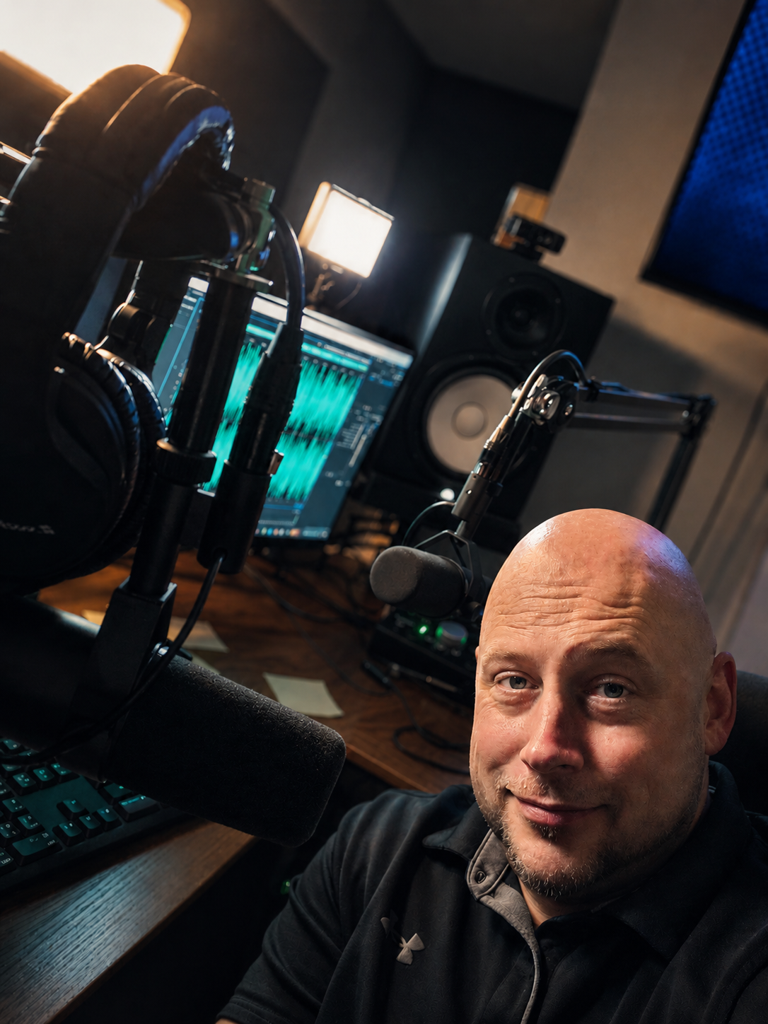 Mark Pelkey, Founder of LiveAxis Media, seated at his broadcast production desk with a studio microphone