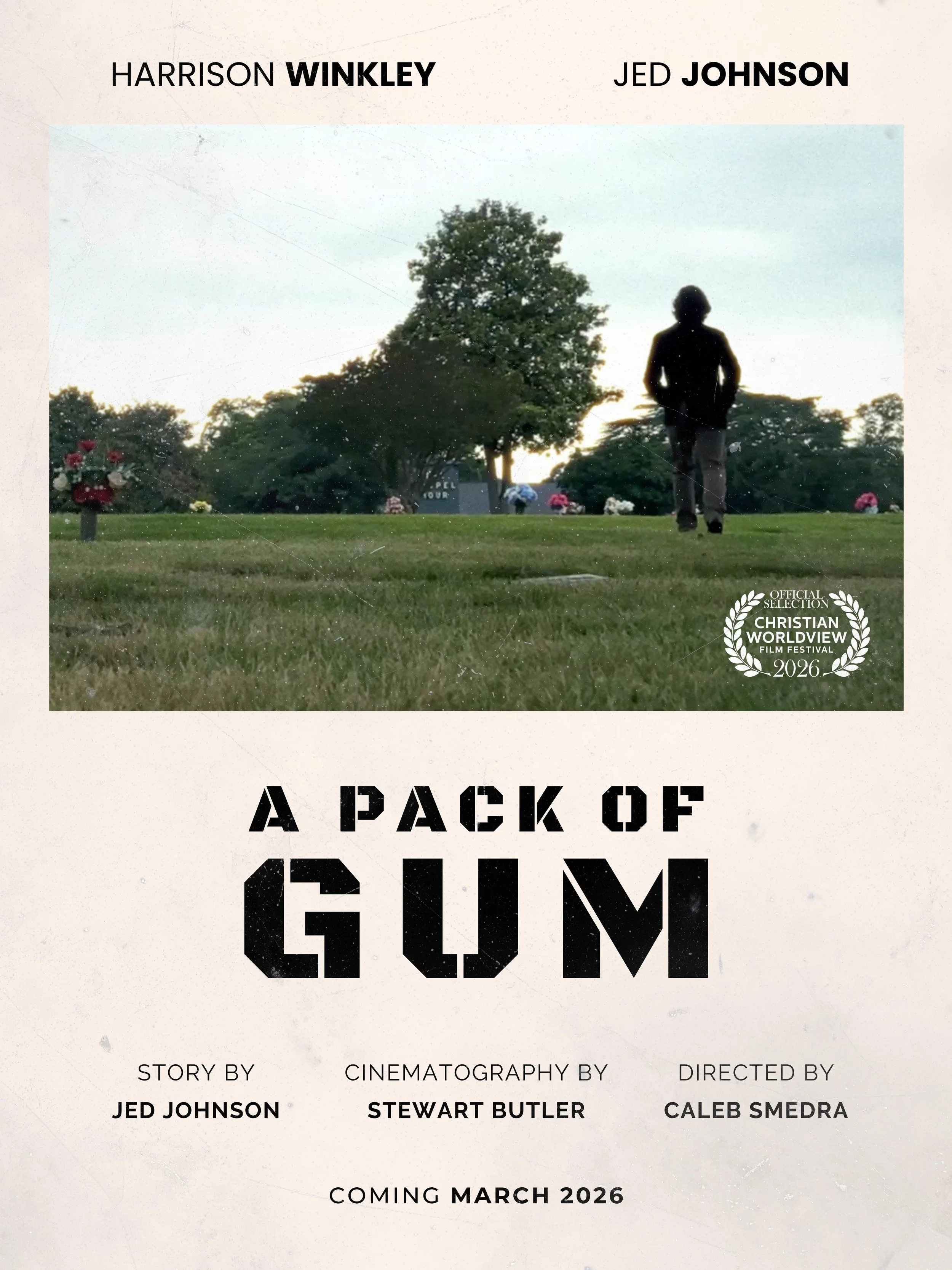 Movie poster for 'A Pack of Climb' featuring a silhouette of a person walking past a graveyard with flowers, with text indicating awards and release date in March 2026.