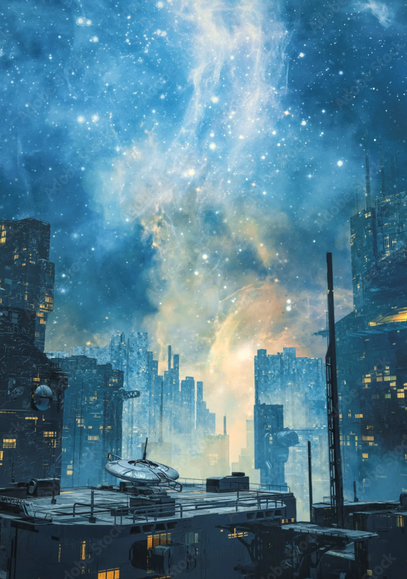 A futuristic cityscape at night with tall buildings illuminated by yellow lights. A helicopter is parked on a rooftop helipad with a galaxy visible in the bright blue sky above, filled with stars and cosmic clouds.