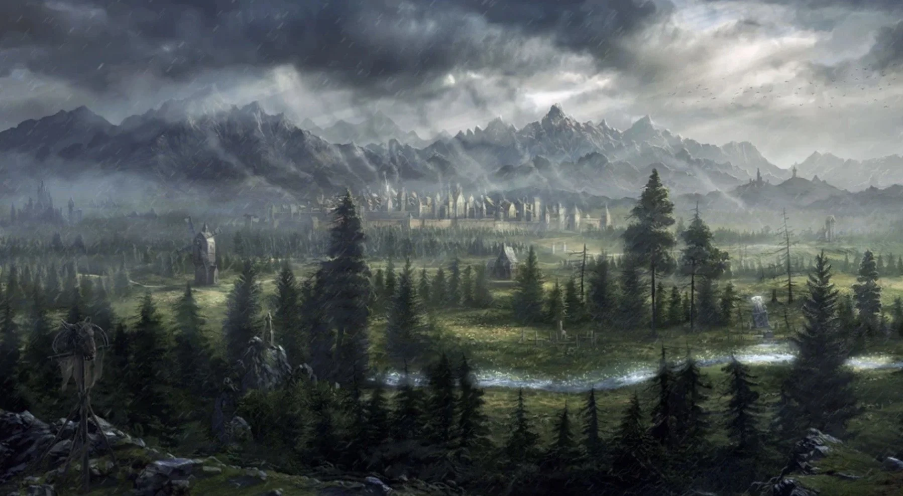 A fantasy landscape showing a dense forest with tall pine trees in the foreground, a river flowing through the green terrain, and a medieval-style city with castle walls and towers in the middle ground. Dark stormy clouds cover the mountain range in the background, giving a dramatic and mystical atmosphere.