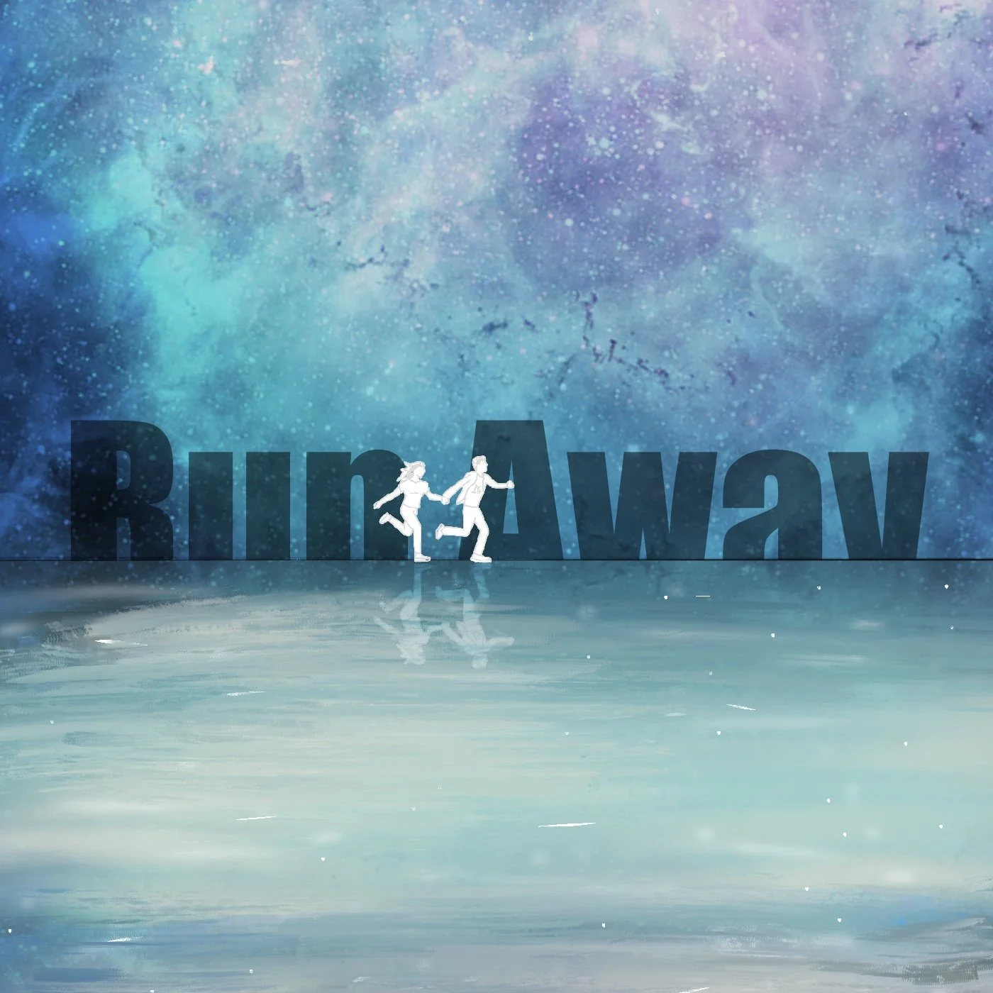 Album art for the song “Run Away” by Station 16. Art by Jed Johnson.  A silhouette of a man and girl running hand in hand across a reflective surface with a starry sky background and large text reading "Run Away".