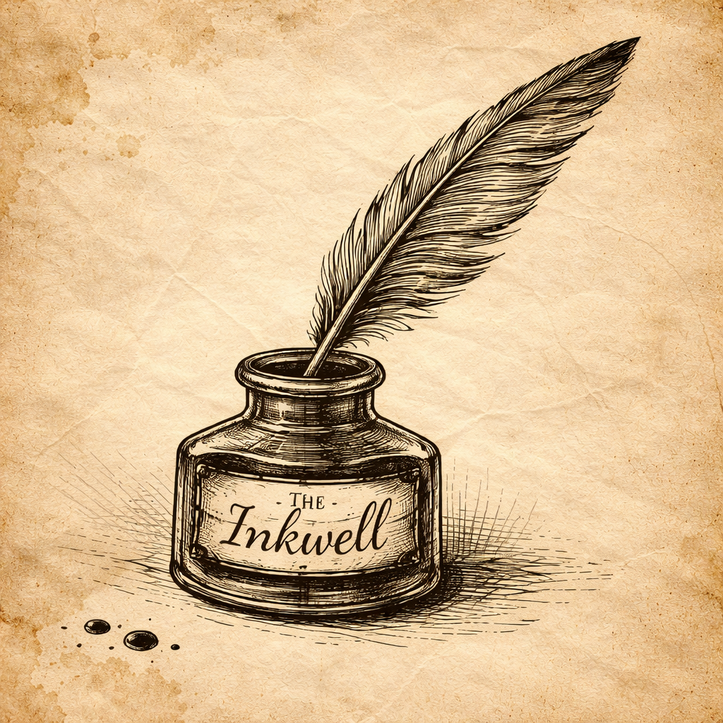 A vintage ink bottle with a quill pen inserted, labeled "The Inkwell," on a textured, aged paper background with ink splatters.