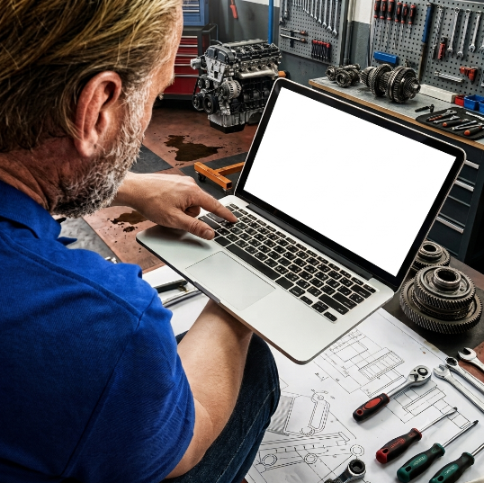 A man in a blue shirt working at a workbench in a machine shop, using a laptop with a blank white screen, surrounded by engine parts, tools, and technical drawings.