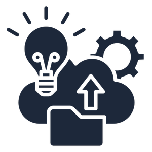 Icon of a light bulb, cloud, upward arrow, gear, and folder representing ideas, cloud storage, growth, engineering, and organization.
