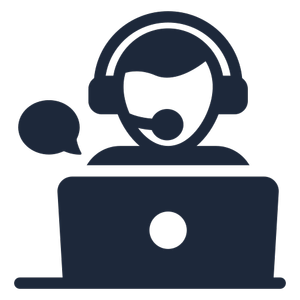Icon of a person wearing headphones and speaking into a microphone with a speech bubble, sitting at a laptop.