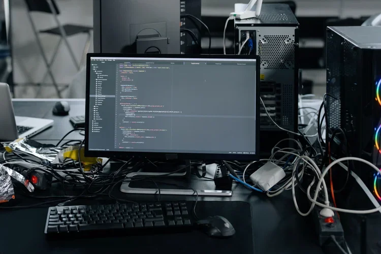 Computer workstation with a monitor displaying coding code, surrounded by tangled cables, a keyboard, mouse, and multiple computer towers in a cluttered tech workspace.