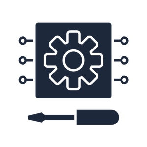 Icon of a gear inside a circuit board with a screwdriver below.