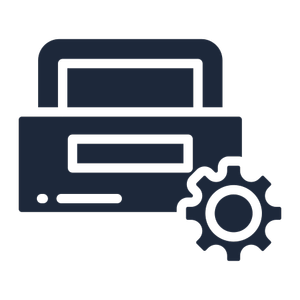 Icon of a printer with a gear, representing printer settings or maintenance.