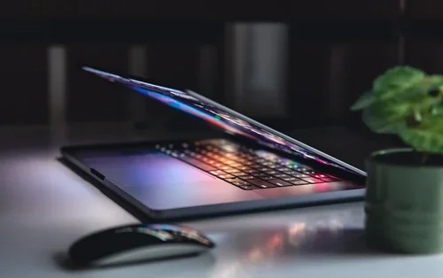 Close-up of a laptop with a colorful illuminated keyboard, a wireless mouse, and a plant on a desk.