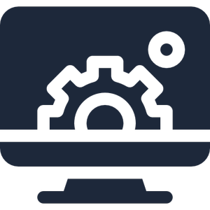 Icon of a computer monitor with a gear and a small circle, representing settings or technical configuration.