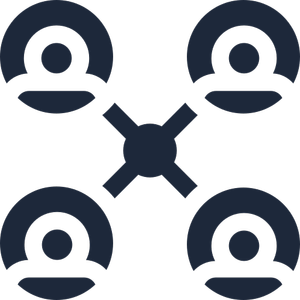 Icon of four people connected to a central hub, representing a network or collaboration.