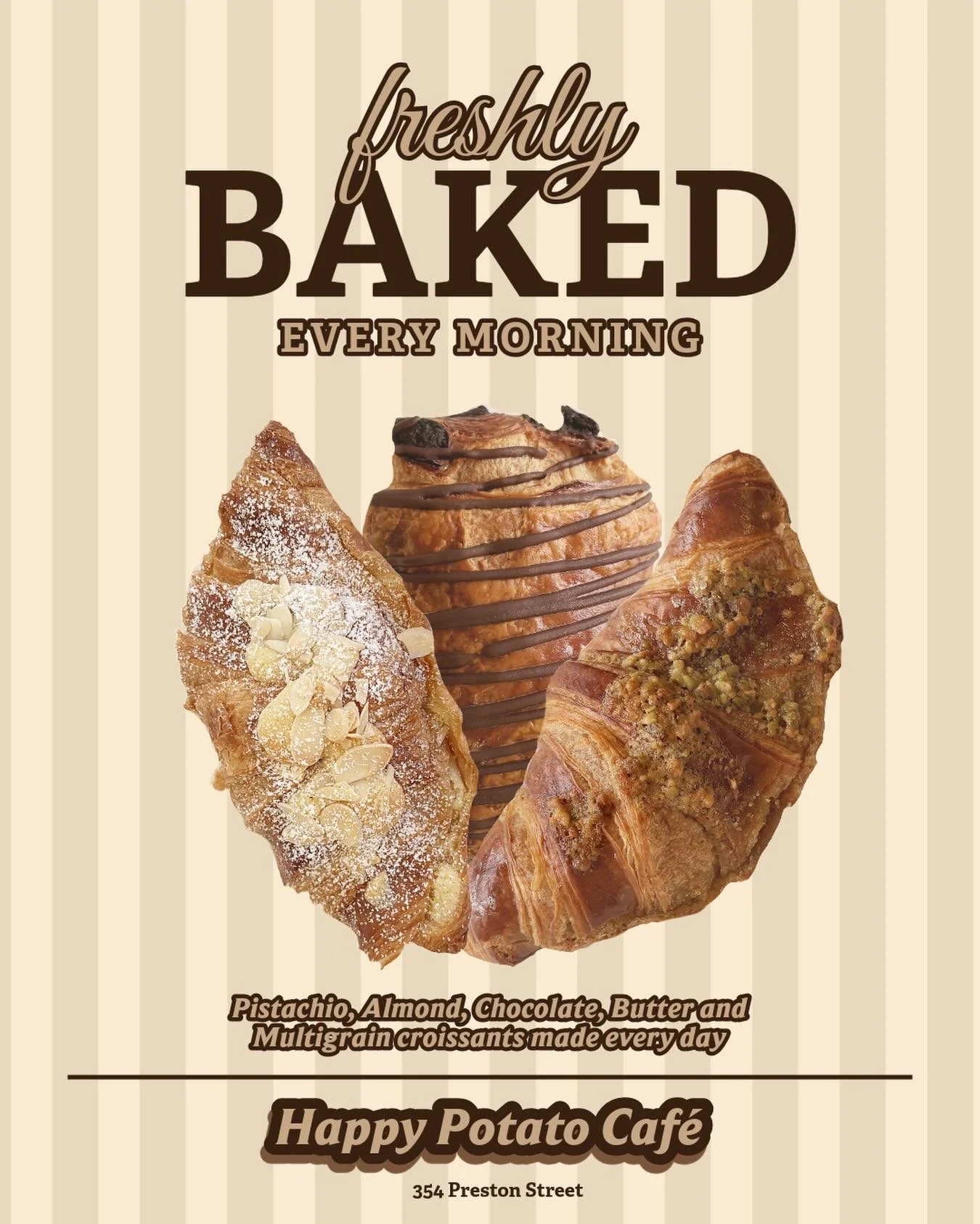 Made every morning, we now have Pistachio, Almond, Chocolate, Butter and Multigrain croissants, improved with our new recipes! ❤️

Fresh croissants sold at full price ⭐️

Day old are 50% off ❗️ 

Visit us at 354 Preston Street🇮🇹