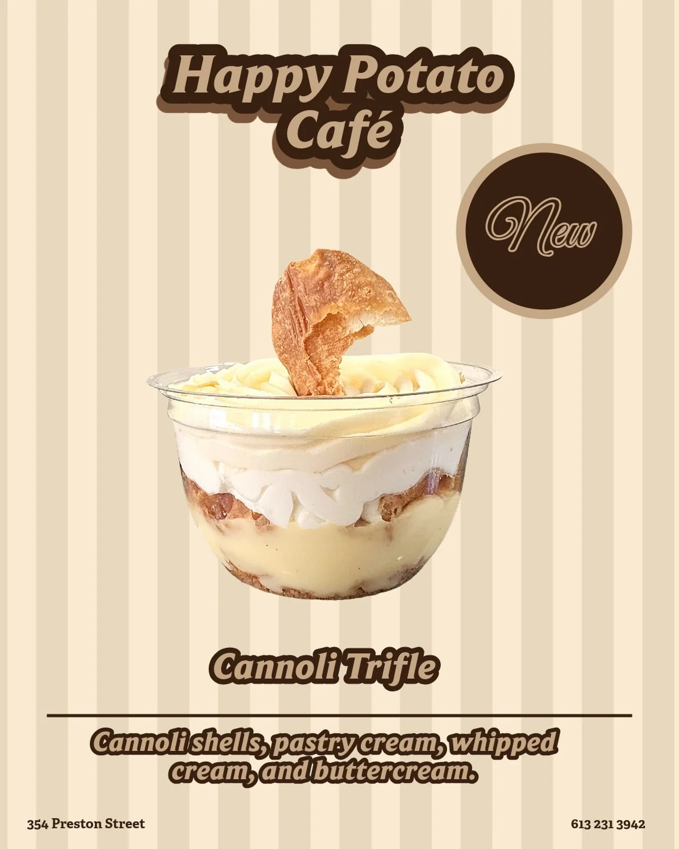 Our new Cannoli Trifle is layered with cannoli shell, custard, buttercream frosting, and whipped cream for the perfect sweet treat.

❤️Available now at Happy Potato Caf&eacute;.

📍354 Preston Street 

#ottawalittleitaly #dessert #ottawaeats