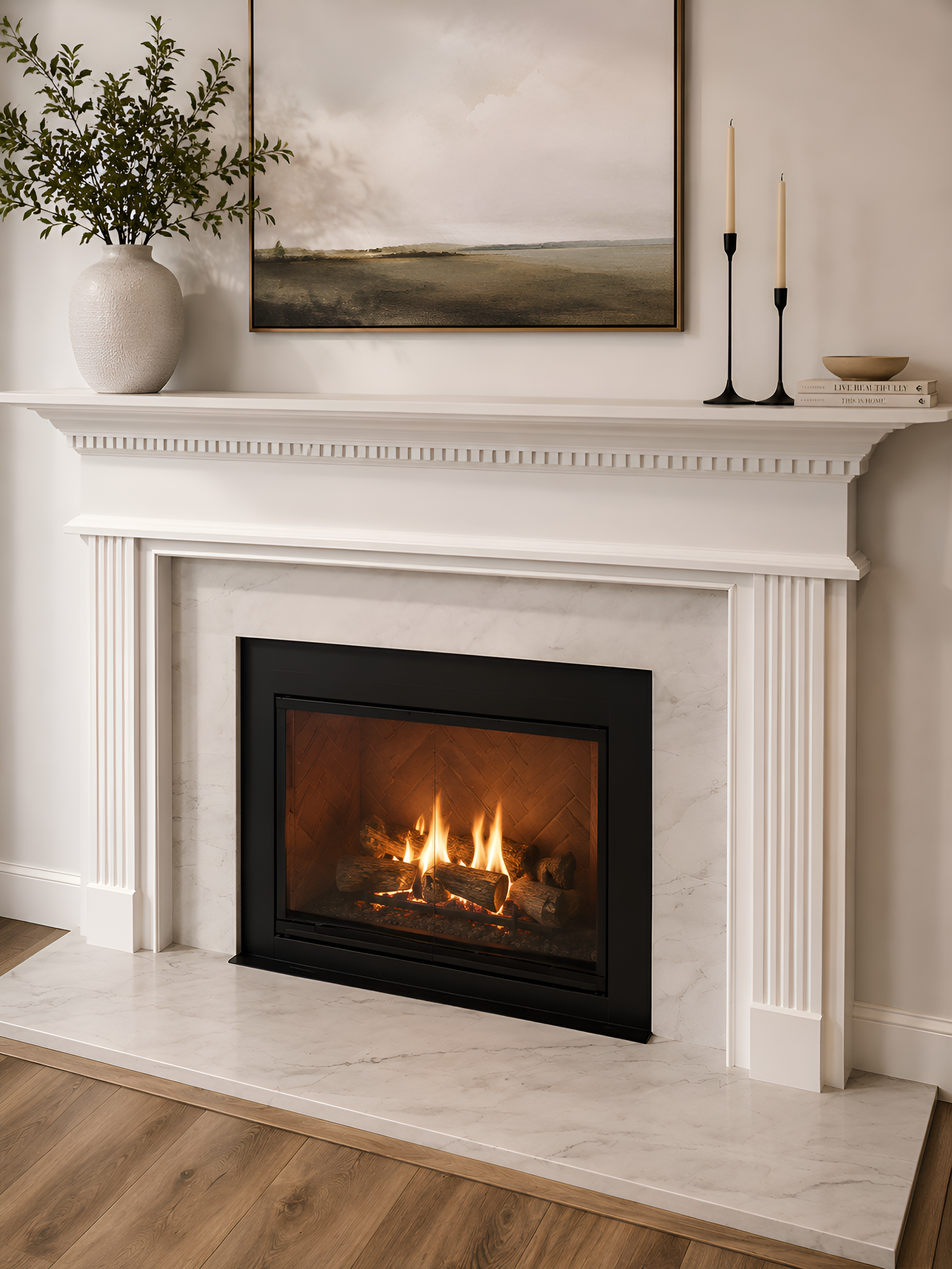 A cozy living room corner featuring a lit fireplace with a white marble surround, a white mantel with decorative items including a large vase with green foliage, two black candlesticks with beige candles, and a stack of books, all against a white wal