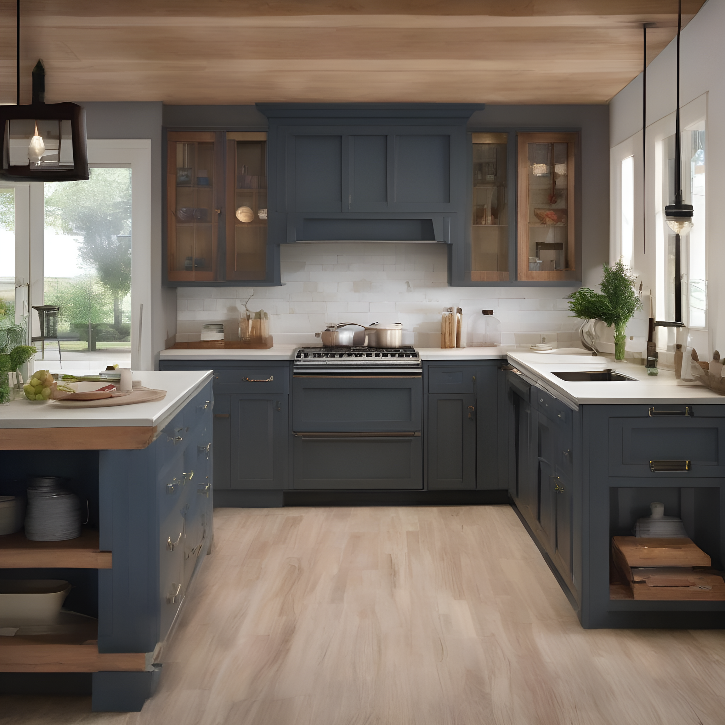 A modern kitchen with blue cabinets, a white brick backsplash, a stove, and a window with view of greenery outside.
