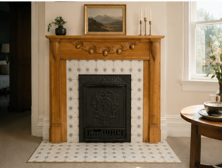 Living room fireplace with a wooden mantel, framed landscape painting, and decorative candles, with a window and a table with dishes to the right.
