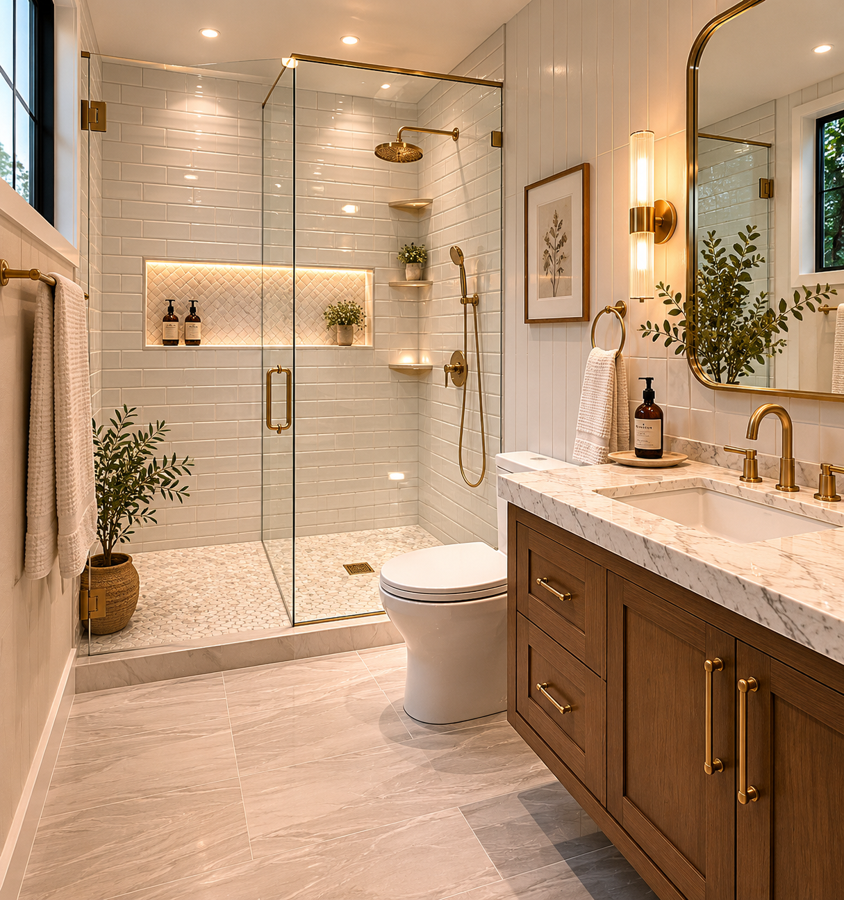 A modern bathroom with a glass-enclosed shower, wooden vanity with marble countertop, and a rectangular mirror. The space is decorated with plants, framed artwork, and brass fixtures.