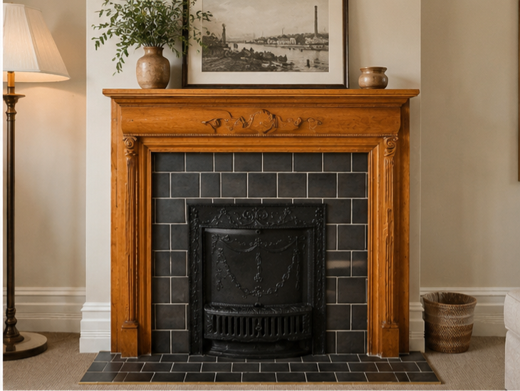 Wood mantel over a black tiled fireplace with a black cast iron insert, decorated with a framed painting of a cityscape, potted plant, and small decorative objects on top, and a woven basket to the right.