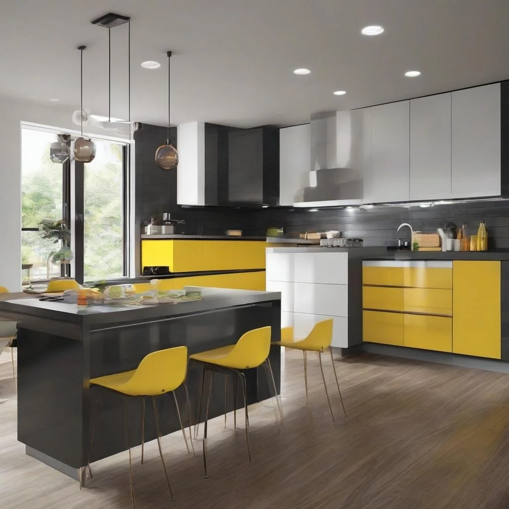 Modern kitchen with black, white, and yellow cabinets, a black island with yellow chairs, and pendant lights.