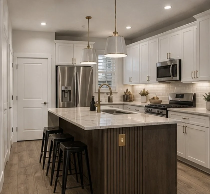 Modern kitchen with white cabinets, stainless steel appliances, a dark wood island with a white countertop, and three black bar stools.