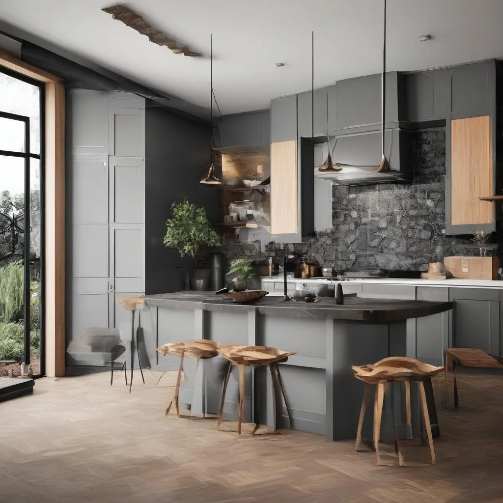Modern kitchen with gray cabinets, black stone backsplash, and light wood accents. Features a kitchen island with dark countertop, wooden stools, and pendant lighting. Large window with a view of greenery.