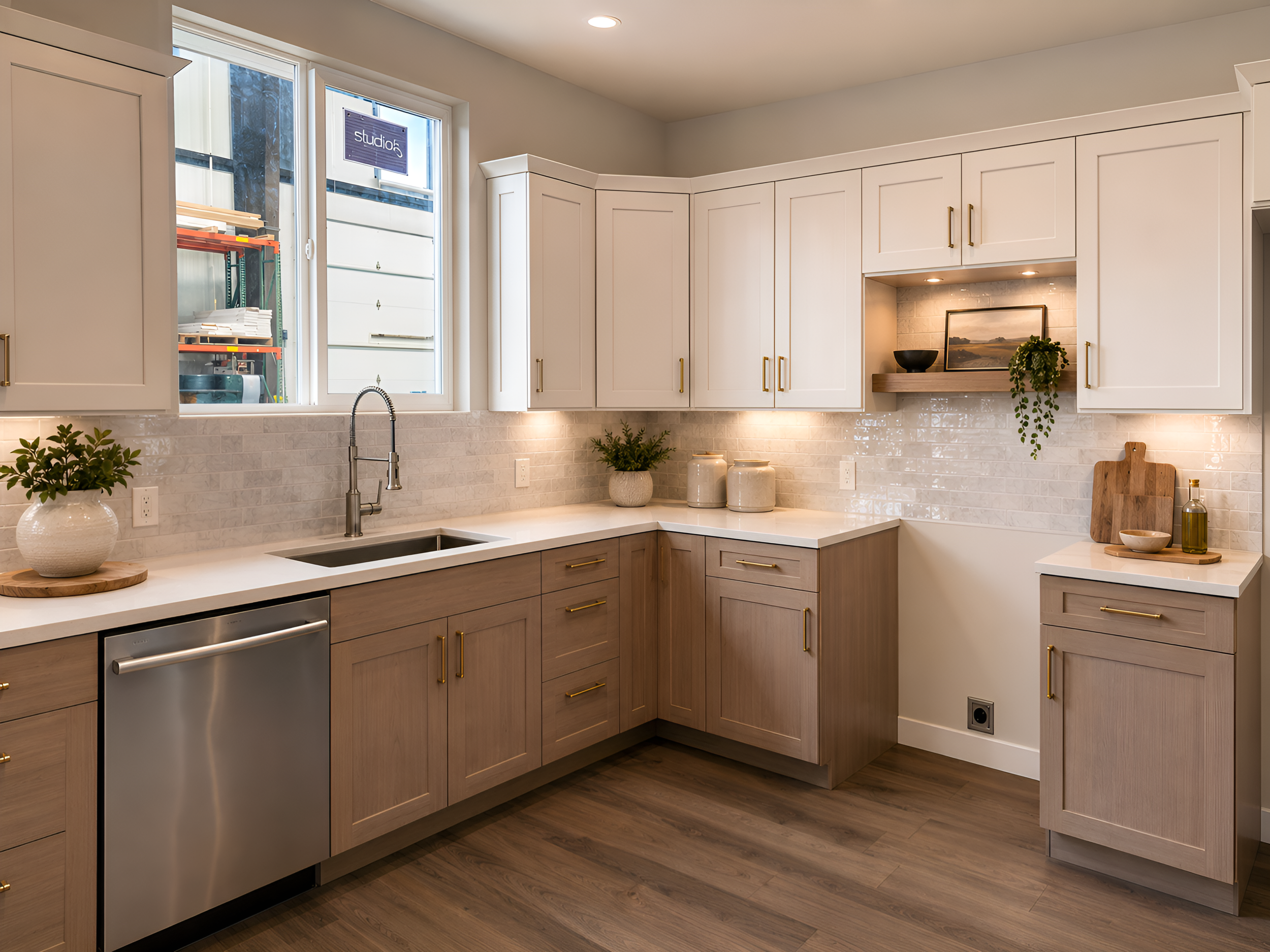 Modern kitchen with white upper cabinets, wooden lower cabinets, a white countertop, a kitchen sink with a stainless steel faucet, and a window with a sign that says 'studio 5'. There are plants, vases, and bowls on the counter, and the backsplash is