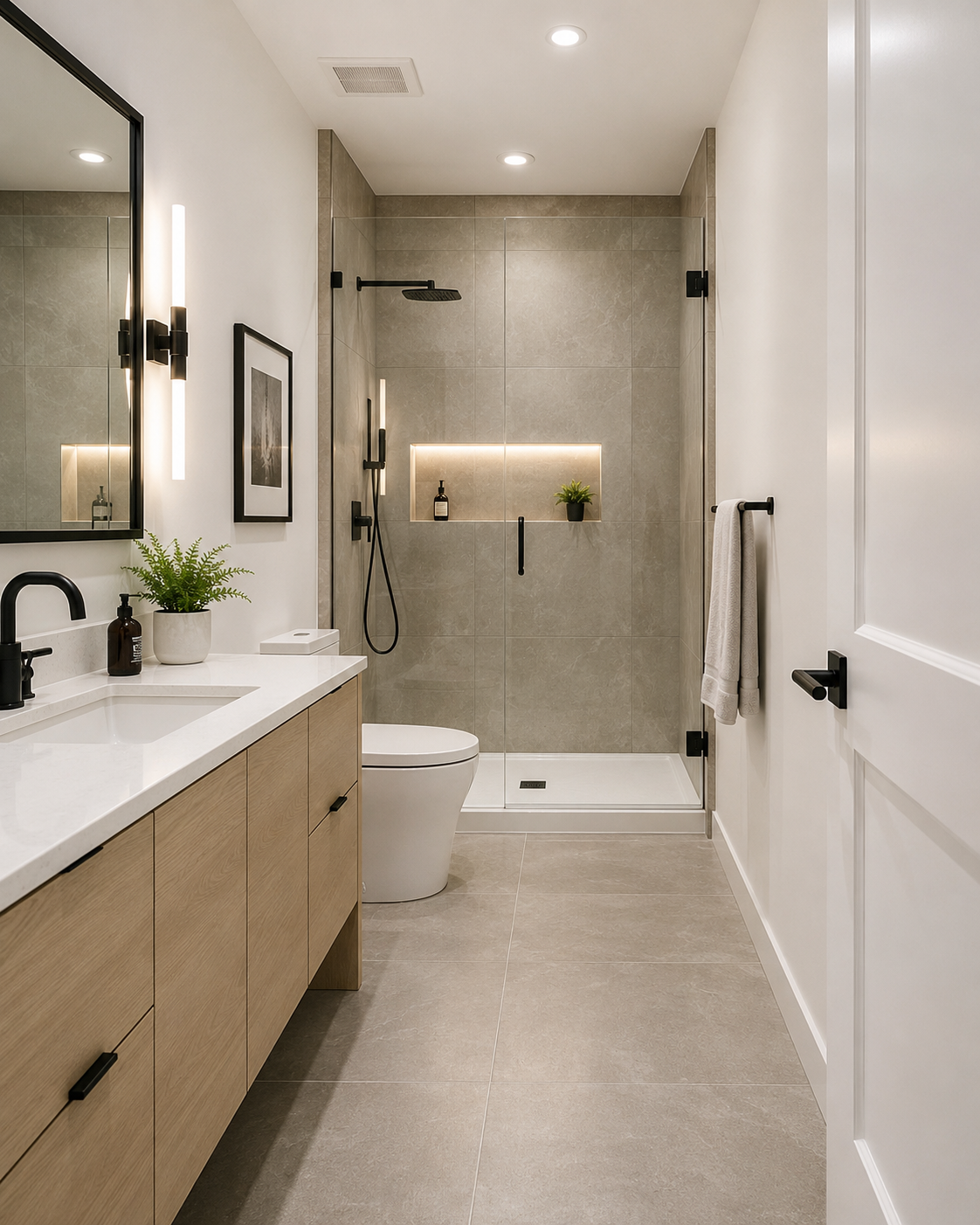 Modern bathroom with walk-in shower, wooden vanity with white countertop, potted plant, framed art, and black fixtures.
