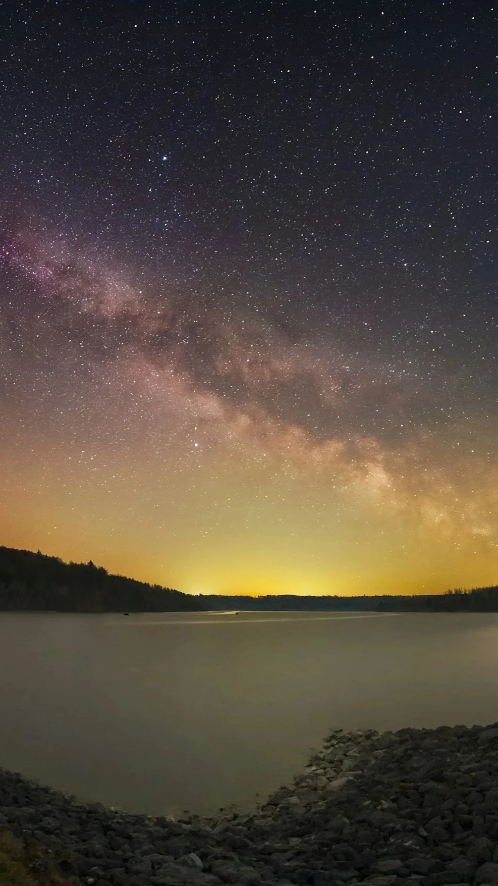 Night sky filled with stars and the Milky Way galaxy over a calm body of water with a rocky shoreline in the foreground and a distant tree-lined horizon.