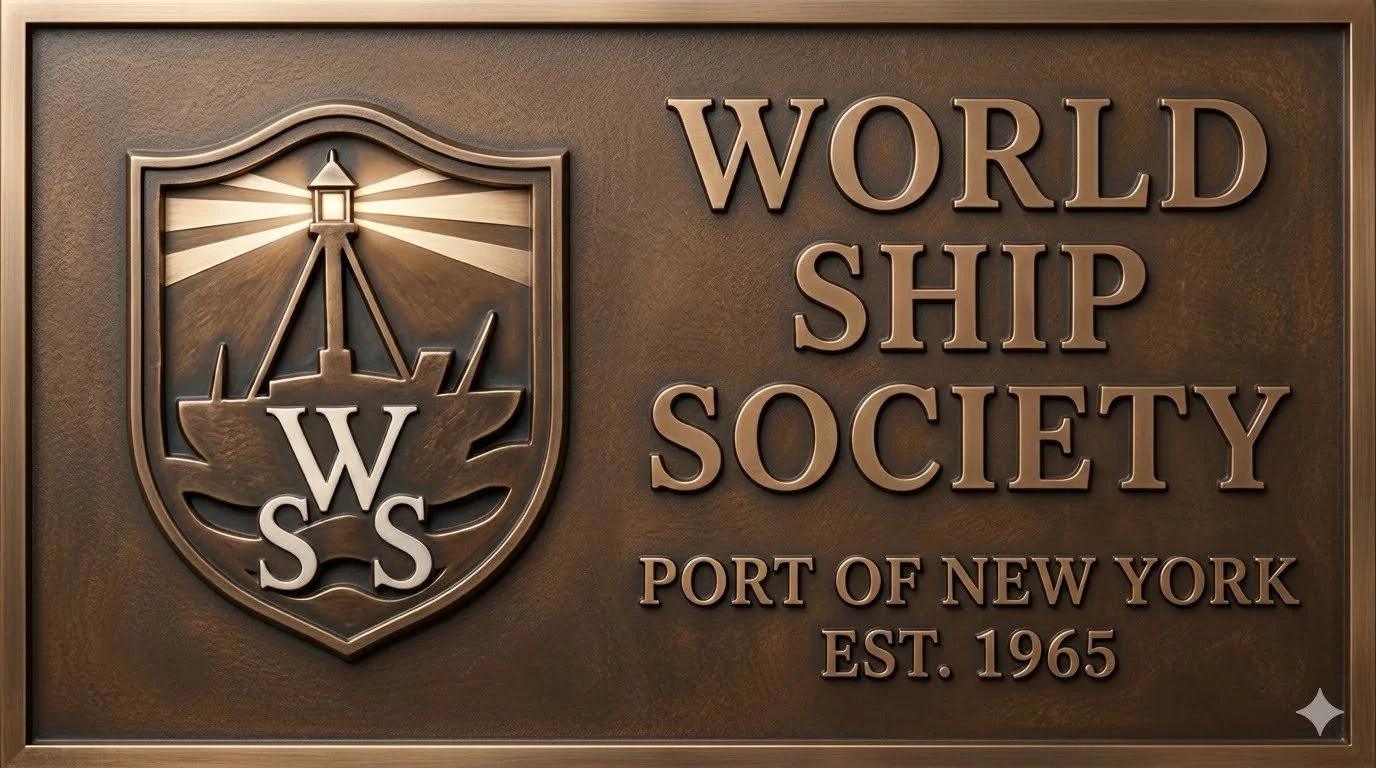 A World Ship Society-Port of New York Branch bronze builder's plate logo with the WSS lightship logo detail and its establishment date.