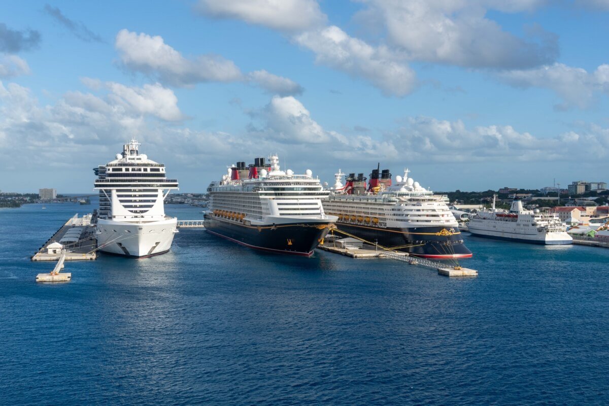 (L-to-R) MSC SEASCAPE, DISNEY DREAM, DISNEY MAGIC MV LOGOS HOPE.