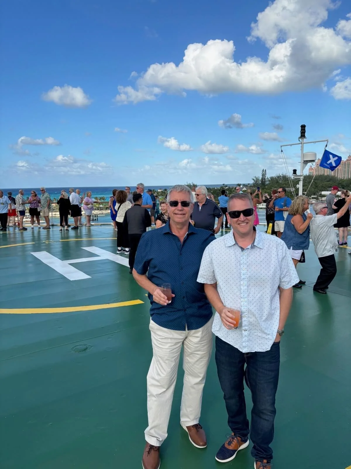 Rich Turnwald and Matt Rihl enjoying the festivities during the Nassau sail away.