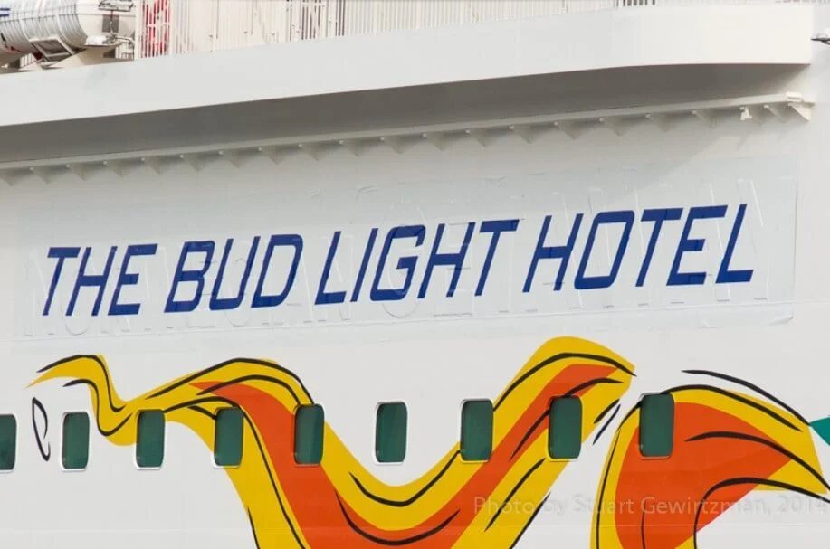 The NORWEGIAN GETAWAY name seen under THE BUD LIGHT HOTEL.