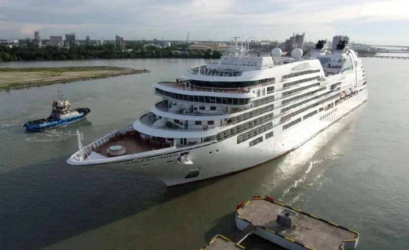 SEABOURN OVATION, arriving to Malaysia as taken from QM2, February 2020 (Pat Dacey)