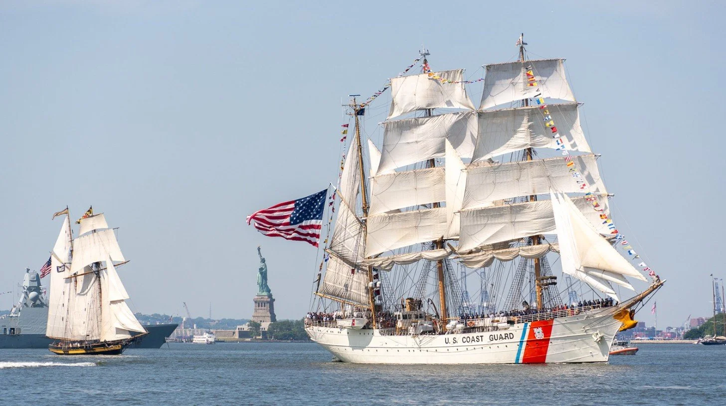 SAIL4TH 250 flagship 1936 USCG barque EAGLE with PRIDE OF BALTIMORE II, a 1988 replica "Baltimore clipper" topsail schooner clipper, July 2026, New York Harbor, NY (Stuart Gewirtzman)
