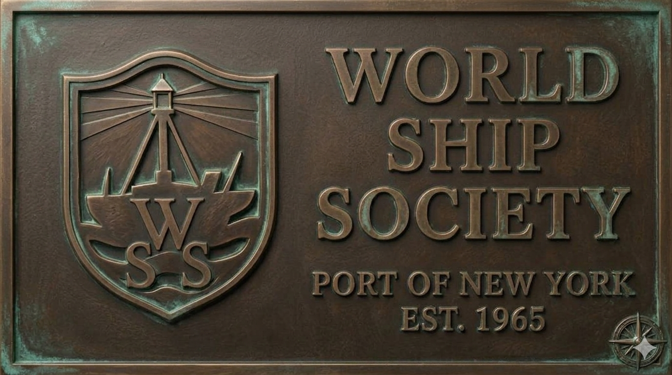 A World Ship Society-Port of New York Branch bronze builder's plate logo with the WSS lightship logo detail and its establishment date.
