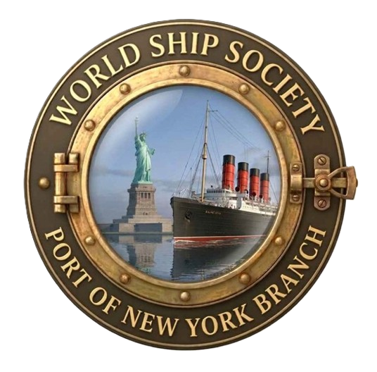 A World Ship Society-Port of New York Branch porthole logo with an illustration of the Statue of Liberty and the Cunard Mauretania ship in the center.