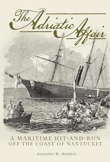 Book cover titled 'The Adriatic Affair' with a maritime scene featuring a large, historic sailing ship anchored near the coast, and a group of people in small boats near the shore.