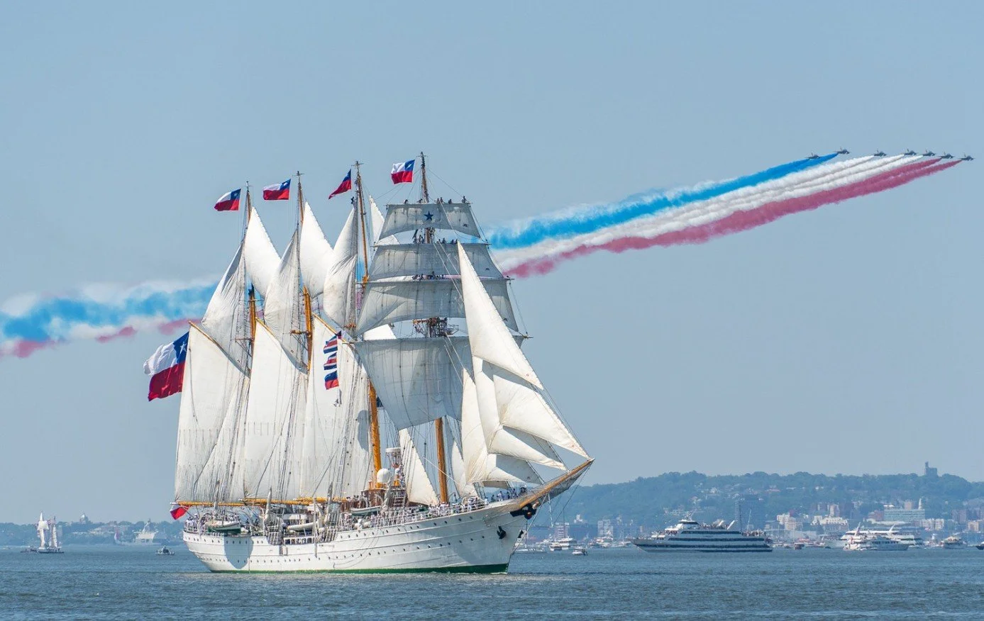 SAIL4TH 250 Chilean Navy ESMERALDA four-masted barquentine built in 1946 and the tallest ship to participate in the Parade of Sail, July 2026, New York Harbor, NY (Stuart Gewirtzman)