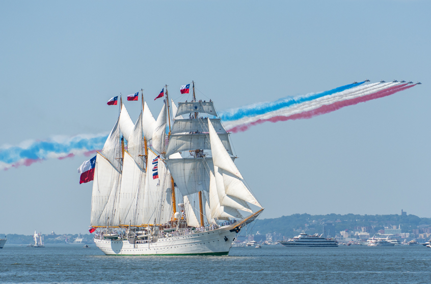 Chilean Navy 1946-built ESMERALDA participates in the SAIL4TH 250 Parade of Sail, New York Harbor, NY, July 2026 (Stuart Gewirtzman)