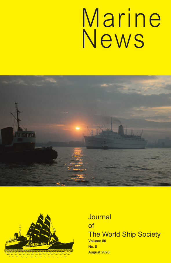 Cover of Marine News journal featuring a sunset over ships in the water. World Ship Society Limited (UK) members receive a free PDF of the monthly journal, Marine News. This is a 60+ page colorful, well-illustrated update about merchant ships, naval