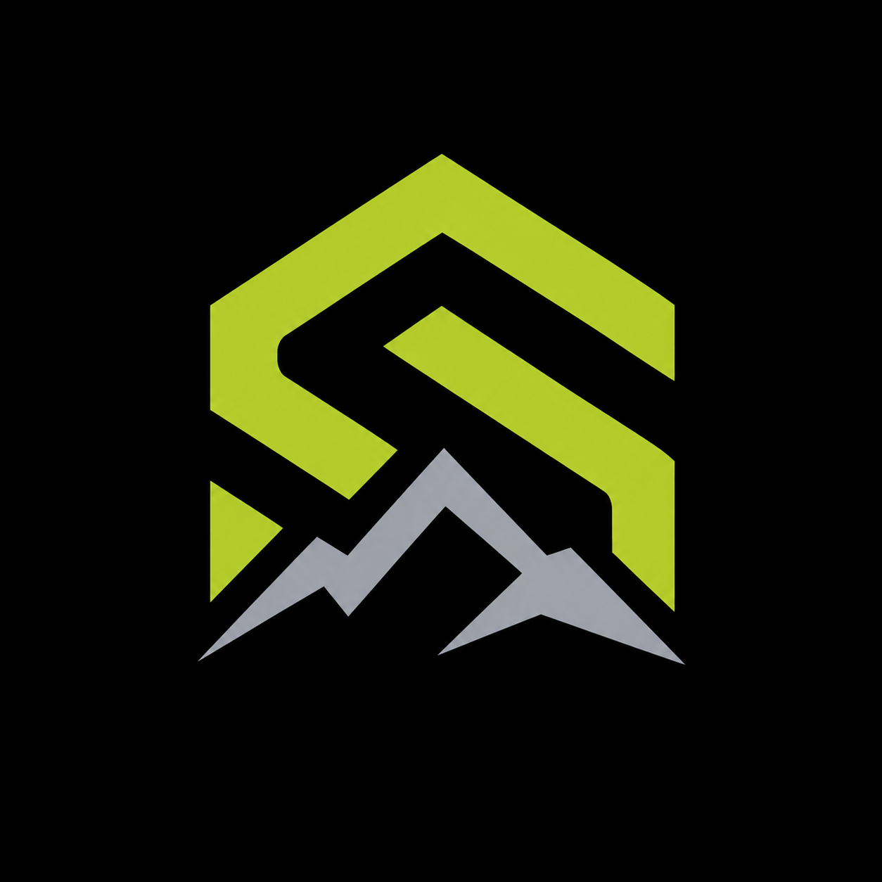 A stylized logo featuring a green and gray mountain with geometric lines on a black background.