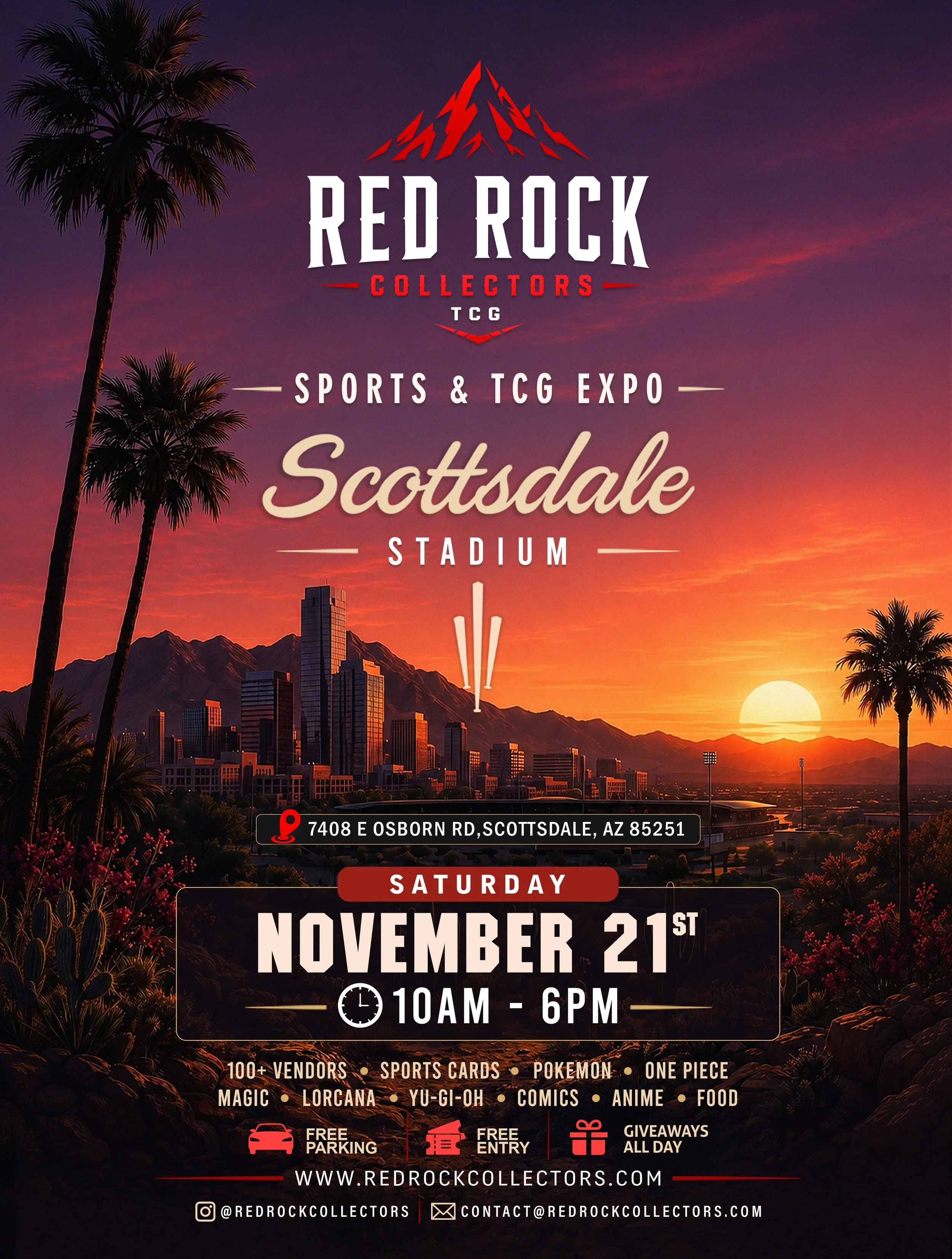 Sunset view of downtown Scottsdale, Arizona with mountains in the background and palm trees in the foreground, promoting the Red Rock Collectors Sports and TCG Expo at Scottsdale Stadium on November 21st from 10 AM to 6 PM, including details about vendors, food, and free parking.