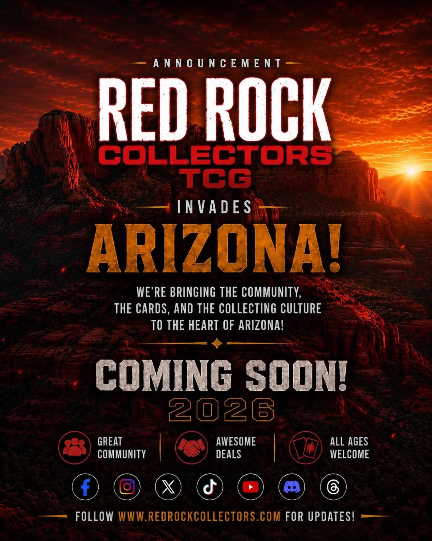 🔥 ARIZONA&hellip; ARE YOU READY? 🔥

Something BIG is coming to the Arizona TCG community.

Red Rock Collectors TCG is bringing collectors, vendors, creators, and card enthusiasts together for an unforgettable experience. Whether you collect Pok&eac