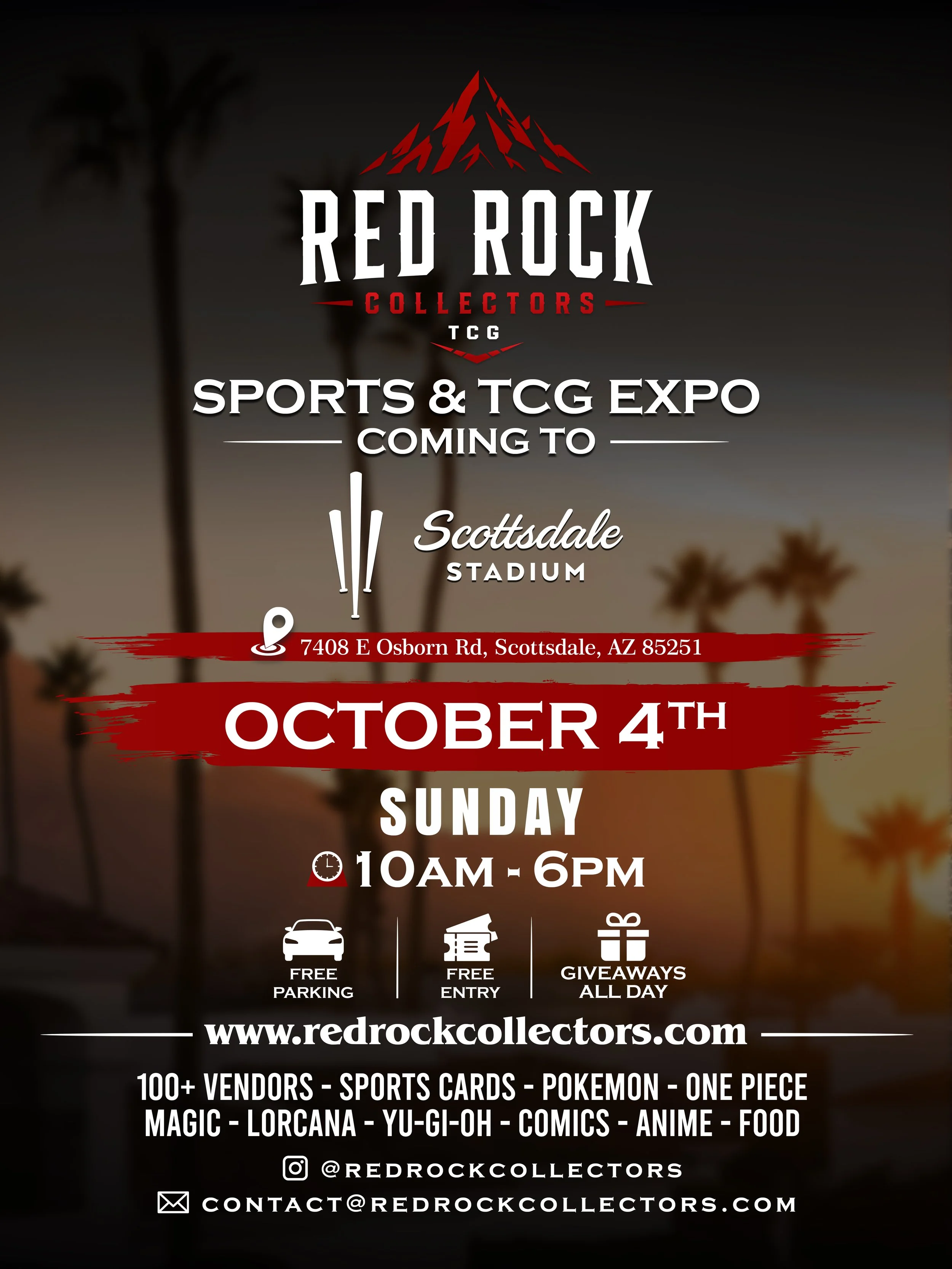 Poster advertising Red Rock Collectors sport and trading card expo coming to Scottsdale Stadium on October 4th, Sunday, from 10AM to 6PM, featuring free parking, free entry, and giveaways all day, located at 7408 E Osborn Rd, Scottsdale, AZ 85251, with additional info at www.redrockcollectors.com and social media contact details.