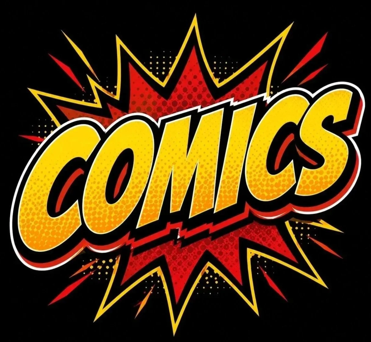 Colorful comic book style explosion with the word "COMICS" in large yellow and orange letters outlined in black, set against a black background.