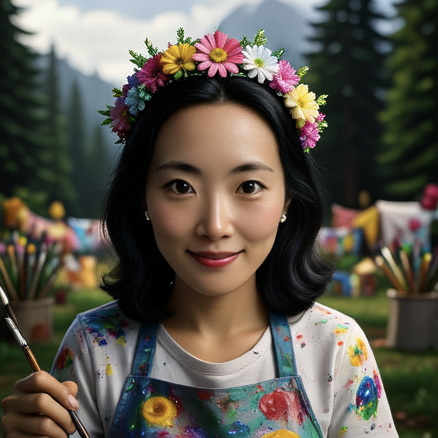 Portrait of a young woman with dark hair wearing a colorful floral crown and a paint-splattered apron, holding a paintbrush, outdoors with trees and tents in the background.