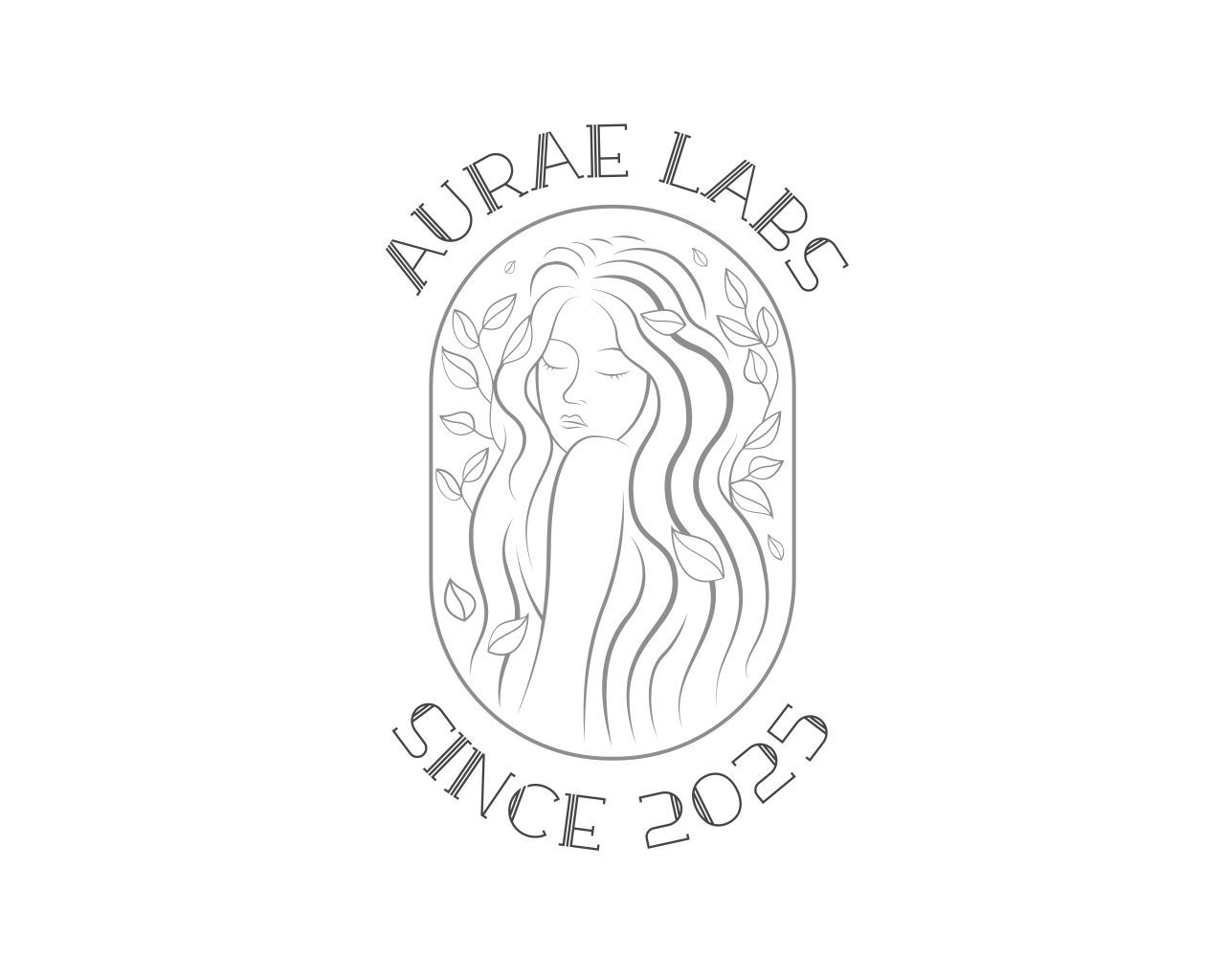 Black logo with a stylized line drawing of a woman with long wavy hair surrounded by leaves, with the text 'AURAE LABS' above and 'SINCE 2025' below.