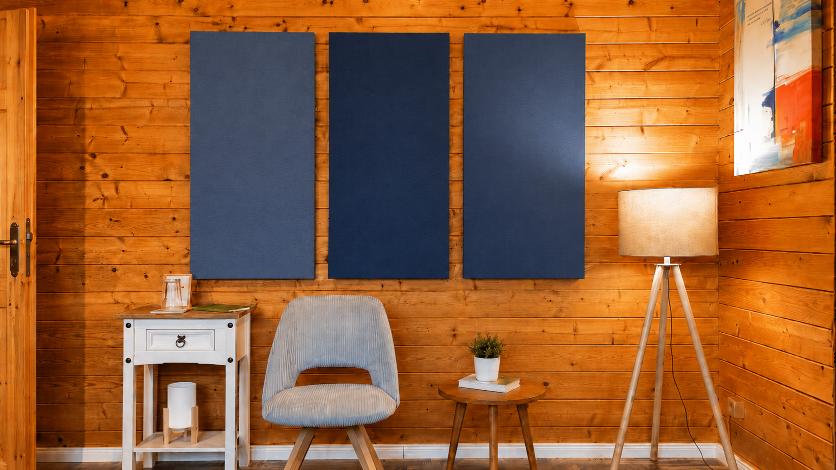 Ein Raum mit Holzwand, blauen Akustik-Panelen, Stehlampe, buntem Wandbild, weißen Beistelltisch mit Gläsern, einem Ohrensessel, einem kleinen runden Holztisch mit Pflanze und Büchern.