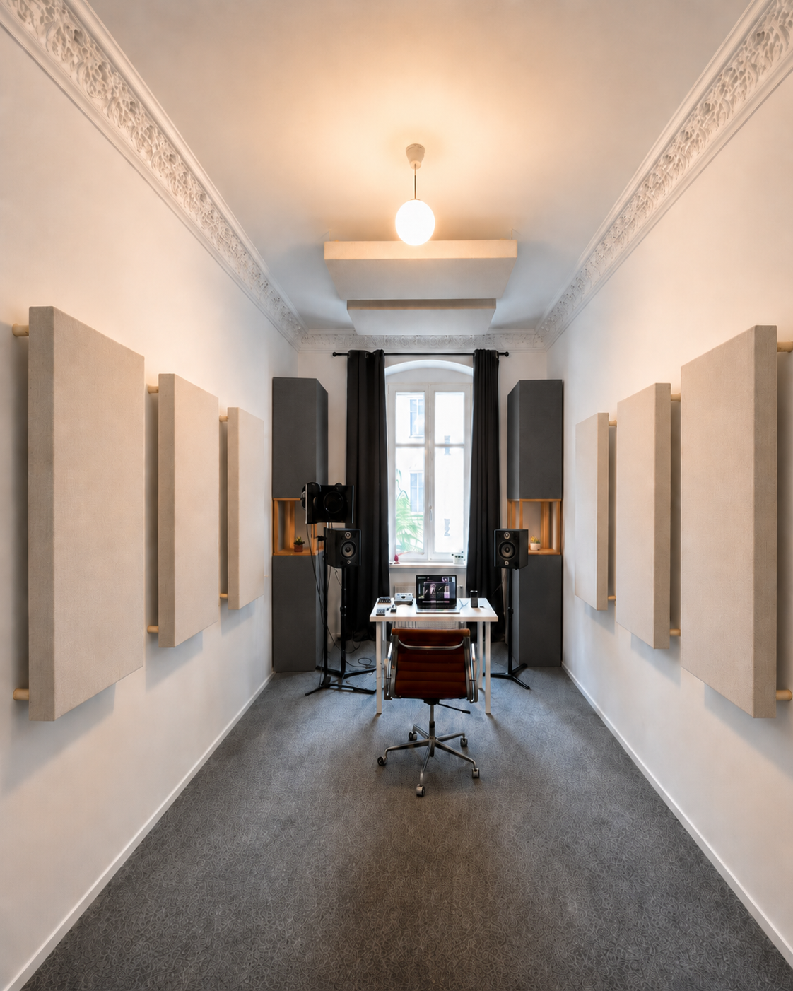Aufnahme eines Tonstudios mit Akustikplatten an den Wänden, einem Schreibtisch mit Laptop und Audio-Equipment, Fenstersicht, schwarzen Vorhängen und einer Deckenleuchte.
